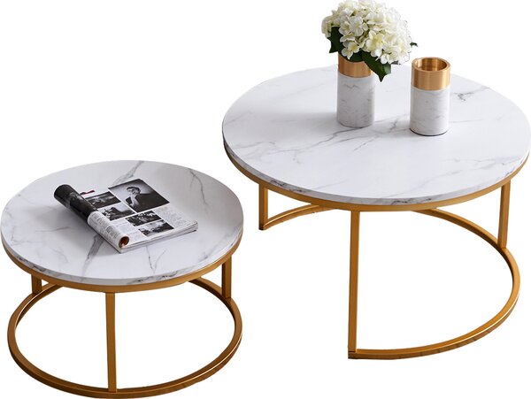 Fortuna Lai set di 2 tavolino rotondo tavolino (finto marmo) per il soggiorno, dimensioni grandi: 80x80x45cm; dimensioni piccole: 60 x 60 x 33 cm, oro