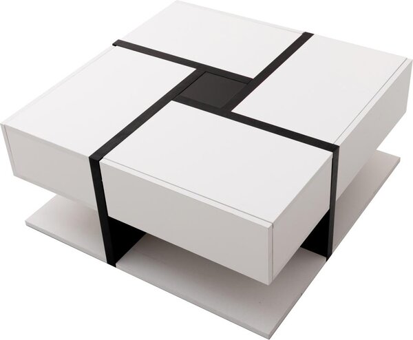 Tavolino quadrato Fortuna Lai in look lucido, con 4 cassetti, design unico, spazio di archiviazione sottostante, bianco