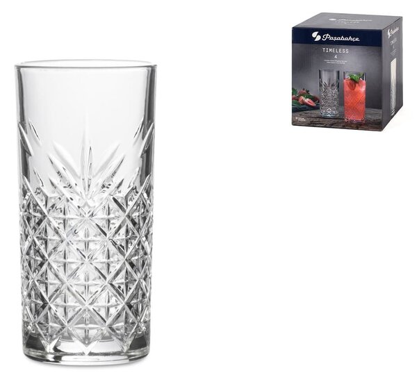 Set 4 bicchieri tumbler long drink Timeless in vetro intagliato trasparente cl 36,5