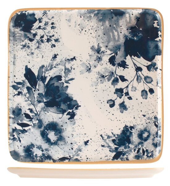 Piatto quadrato Indigo in stoneware beige blu cm 26