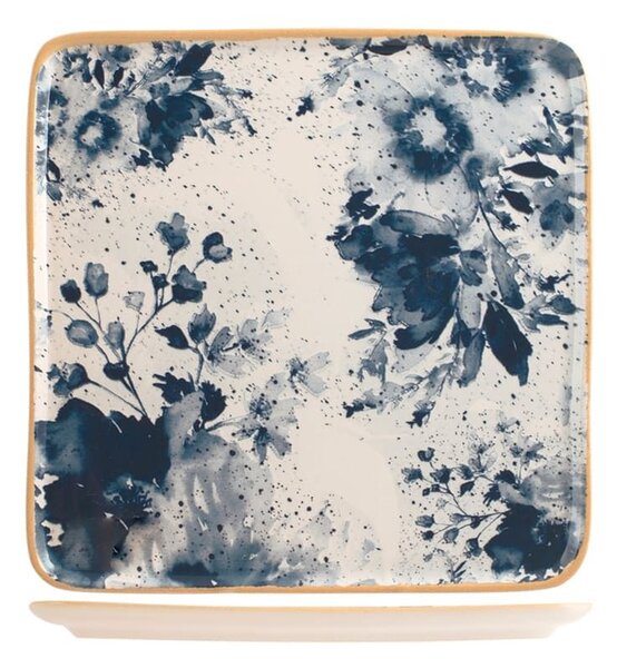 Piatto quadrato Indigo in stoneware beige blu cm 21