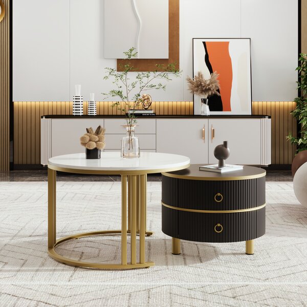 Fortuna Lai set di 2 tavolini, 70 x 50 cm - con piano in vetro marrone, 2 cassetti, design moderno - nero