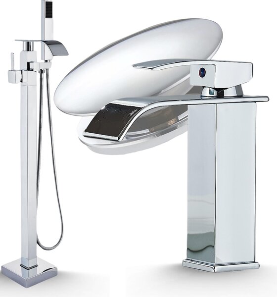 Miscelatore da bagno freestanding Ari, rubinetto vasca cromato con beccuccio girevole a 360 gradi, doccetta, cartuccia Vetroceramica