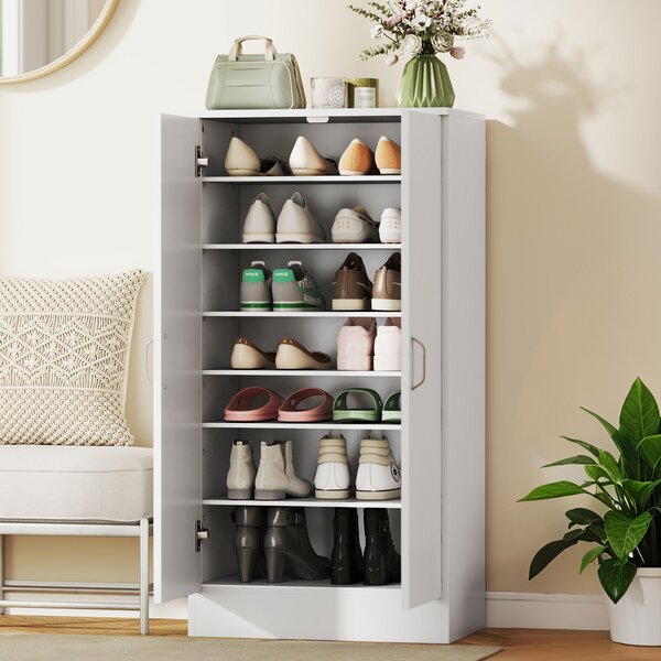 HOMCOM Armadietto per Scarpe con Cerniere Soft-Close, Ripiani Regolabili, Scarpiera a Sette Ripiani per Ingresso, 14 Paia, 55 x 35 x 108 cm, Truciolato, Bianco | Aosom Italy