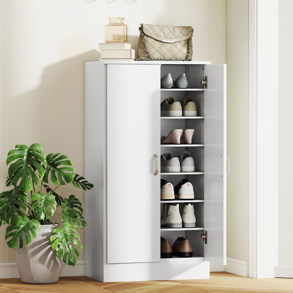 HOMCOM Armadietto per Scarpe con Cerniere Soft-Close, Ripiani Regolabili, Scarpiera a Sette Ripiani per Ingresso, 14 Paia, 55 x 35 x 108 cm, Truciolato, Bianco | Aosom Italy