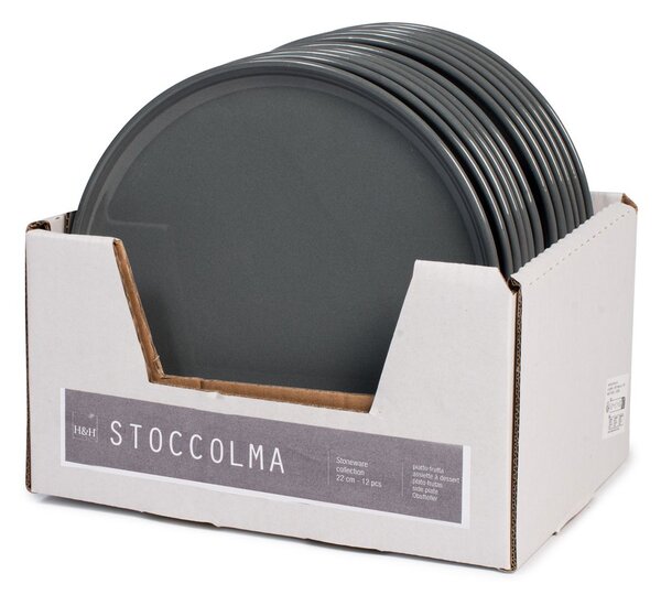 Set 12 piatti piani Stoccolma in stoneware grigio cm 28