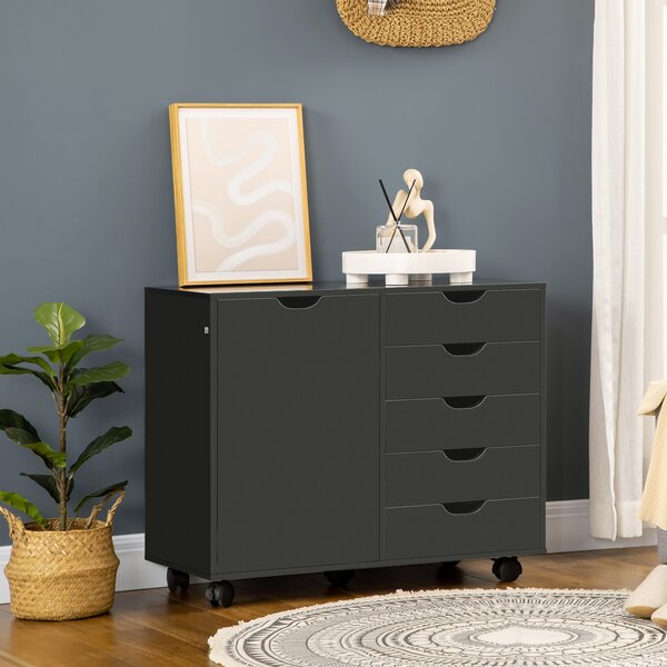 HOMCOM Mobile portaoggetti da scrivania con 5 cassetti 1 porta ripiano regolabile, supporto stampante su ruote, 78x40x66,5 cm, nero | Aosom Italy