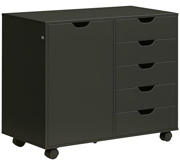 HOMCOM Mobile portaoggetti da scrivania con 5 cassetti 1 porta ripiano regolabile, supporto stampante su ruote, 78x40x66,5 cm, nero | Aosom Italy
