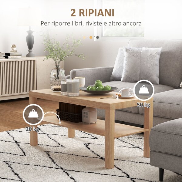 HOMCOM Tavolino da Salotto Rettangolare con Ampio Ripiano, 90×45×44.5 cm, Legno Naturale | Aosom Italy