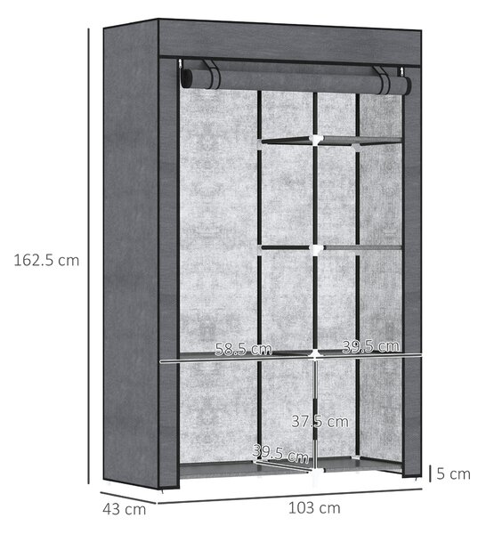 HOMCOM Armadio di Tessuto Pieghevole Ropero Portatile con 6 Ripiani e 1 Asta Appendiabiti per Camera da Letto 103x43x162,5cm Grigio Scuro | Aosom Italy