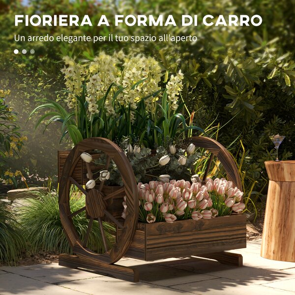 Outsunny Fioriera da Esterno a 3 Livelli con Ruote Decorative in Legno di Abete Carbonizzato, 62x61x57 cm | Aosom Italy