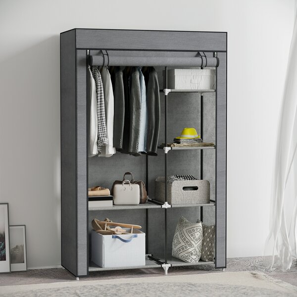 HOMCOM Armadio di Tessuto Pieghevole Ropero Portatile con 6 Ripiani e 1 Asta Appendiabiti per Camera da Letto 103x43x162,5cm Grigio Scuro | Aosom Italy
