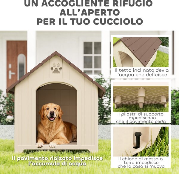 PawHut Cuccia per Cani Rialzata con Tetto Inclinato e Prese d'Aria, in PP, 88x78x89 cm, Beige e Marrone Scuro | Aosom Italy