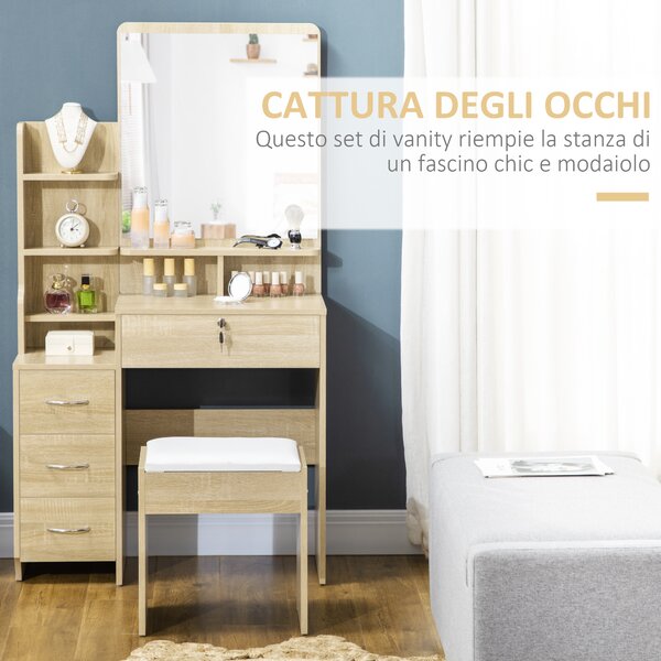 HOMCOM Toeletta da Trucco con Specchio, Tavolo da Trucco, Sgabello, 4 Cassetti e 4 Ripiani, Colore Legno | Aosom Italy