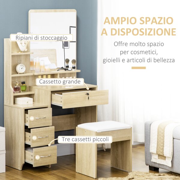 HOMCOM Toeletta da Trucco con Specchio, Tavolo da Trucco, Sgabello, 4 Cassetti e 4 Ripiani, Colore Legno | Aosom Italy