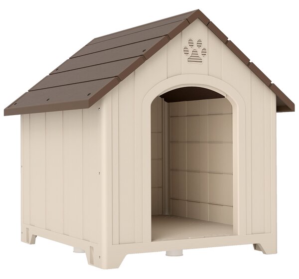 Cuccia per Cani Rialzata 88x78x89 cm con Tetto Inclinato e Prese d'Aria in PP Beige e Marrone Scuro