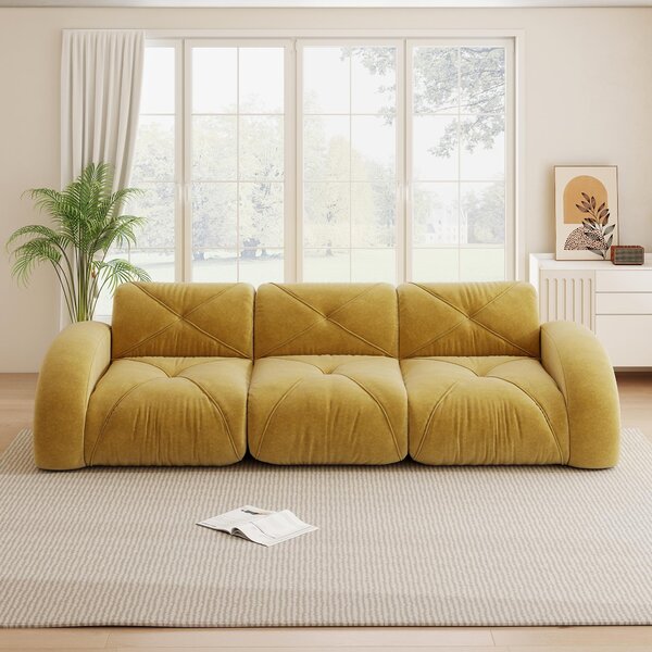 Divano modulare senza cornice, divano a tre posti, colore giallo, realizzato in tessuto di chenille, dimensioni 281x95x76 cm, design antiscivolo, non richiede montaggio