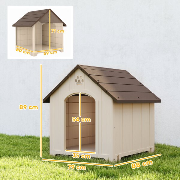 PawHut Cuccia per Cani Rialzata con Tetto Inclinato e Prese d'Aria, in PP, 88x78x89 cm, Beige e Marrone Scuro | Aosom Italy