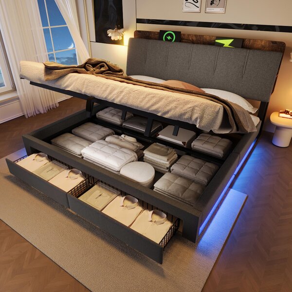 Letto imbottito 180x200 cm, color grigio, con rivestimento in lino, contenitore a sollevamento idraulico e illuminazione a LED, testiera imbottita per la camera da letto