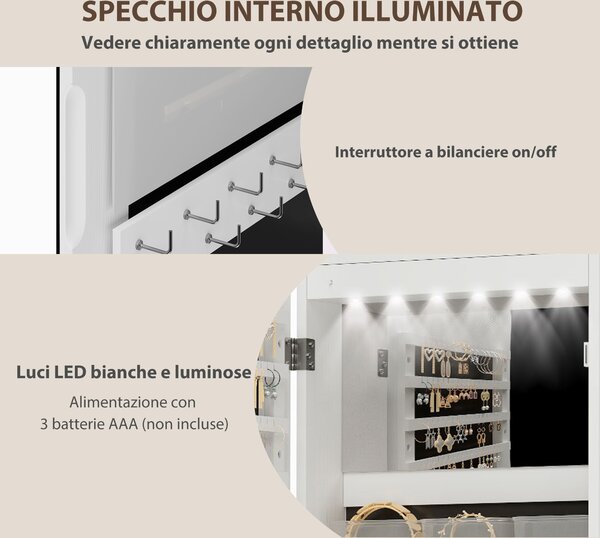 HOMCOM Specchiera Portagioie da Parete e Porta con Specchio Interno Illuminato e Serratura, 37x10x120 cm | Aosom Italy