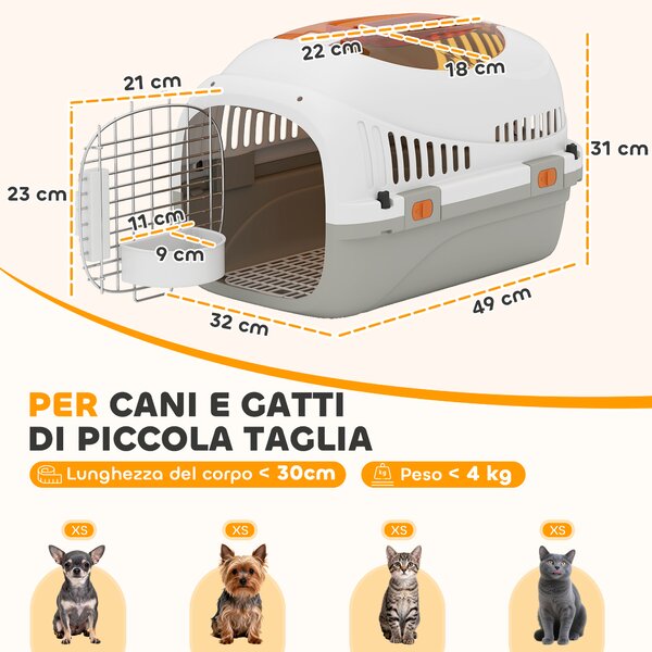 PawHut Trasportino per Gatti e Cani Piccoli Fino 4 kg in Plastica con Finestra Superiore, 49x32x31 cm, Grigio | Aosom Italy