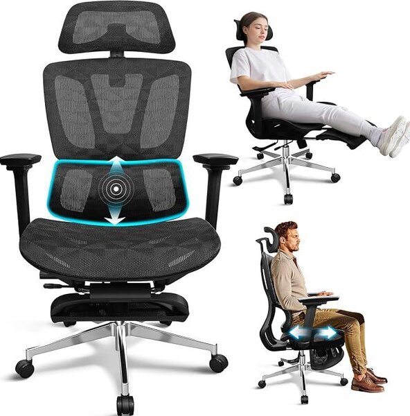 Sedia da ufficio ergonomica con poggiapiedi, sedia da scrivania con braccioli 4D | Profondità della seduta regolabile, inclinazione a 4 livelli, poggiatesta 3D, schienale alto, seduta in rete traspirante, ideale per l'ufficio domestico e il gaming