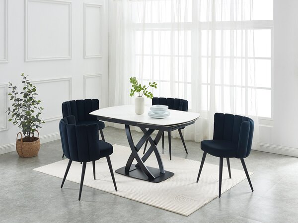 Tavolo pranzo allung. 4 posti Ceramica Vetro temp. Acciaio inox Eff. marmo Bianco Nero - LIOMELI Maison Céphy