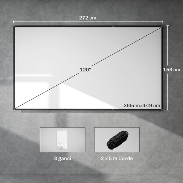 HOMCOM Telo per Proiettore 120" 16:9 HD 4K/8K Pieghevole e Portatile, Antipiega e Lavabile, Doppia Facciata, Bianco | Aosom Italy