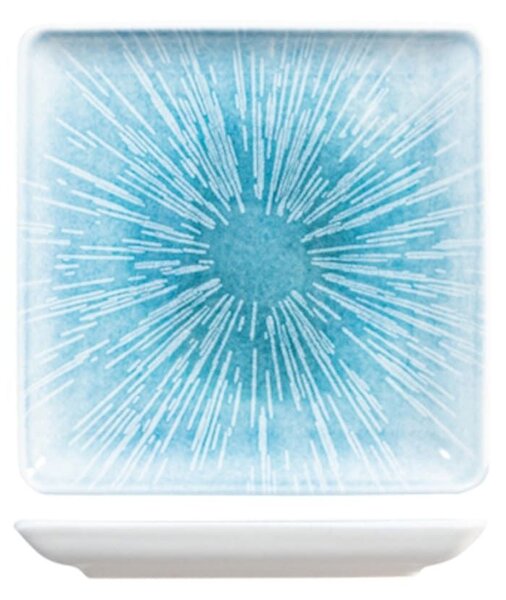 Piatto quadro Neptune in porcellana bianca decorata azzurro cm 19
