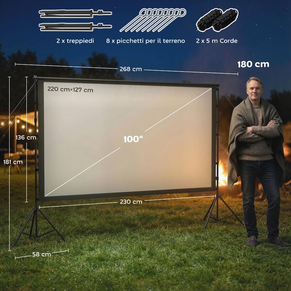HOMCOM Telo per Proiettore 100" 16:9 HD 4K/8K, Angolo di Visione 160°, Doppia Facciata e Treppiedi Pieghevoli, Bianco | Aosom Italy