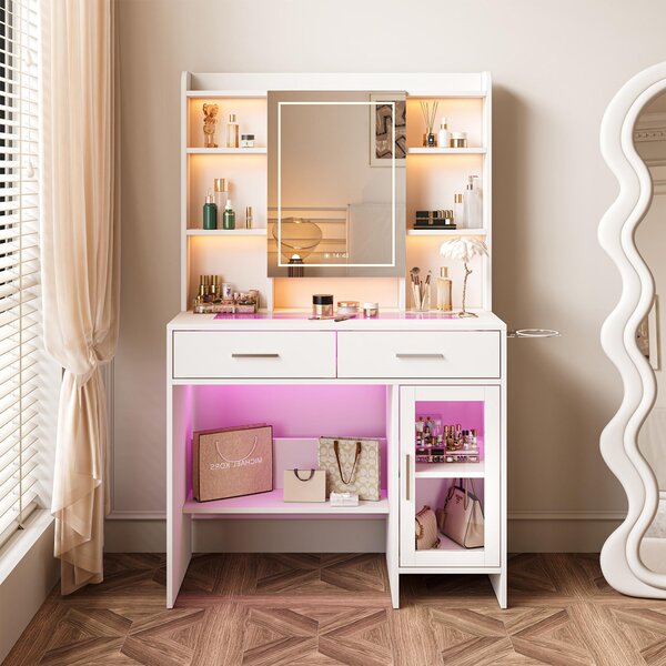Tavolo da toilette Fortuna Lai con illuminazione LED, luminosità regolabile, tavolo da toilette con specchio, tavolo cosmetico con cassetti, vani a giorno, ripiani regolabili, moderno, bianco