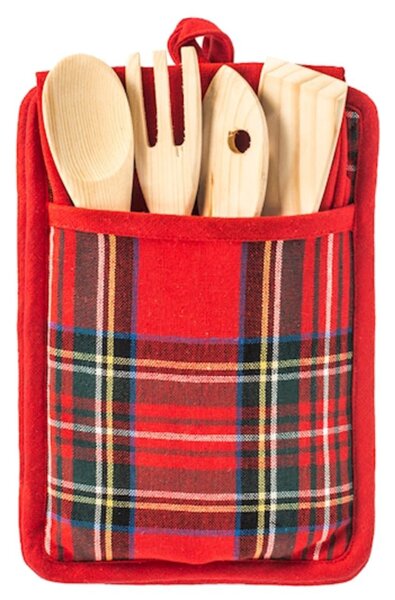 Porta mestoli Scottish in 50% cotone riciclato e 50% poliestere con utensili e strofinaccio