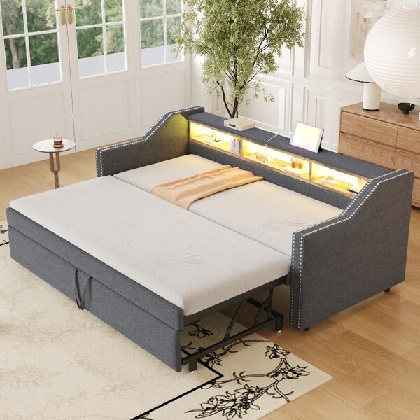 Divano letto 90/180x190 cm, estendibile, con struttura imbottita color grigio scuro, rete a doghe, 3 vani portaoggetti, illuminazione LED e prese USB, con schienale e braccioli