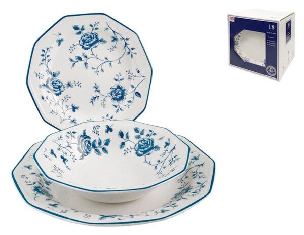 Servizio tavola 18 pezzi Rose Blue in earthenware bianco decoro blu