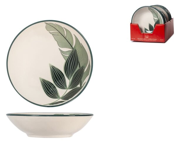 Set 12 piatti fondi Maranta in stoneware decorato colore avorio e verde cm 20,5