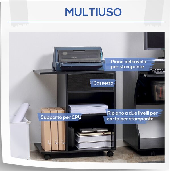 Vinsetto Mobile Porta Stampante in Legno Nero con 1 Cassetto, 2 Ripiani e Mensola CPU, per Ufficio 60x40x68.5cm|Aosom