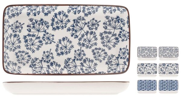 Set 6 piatti rettangolari Seta assortiti in porcellana avorio decorata blu cm 11x20