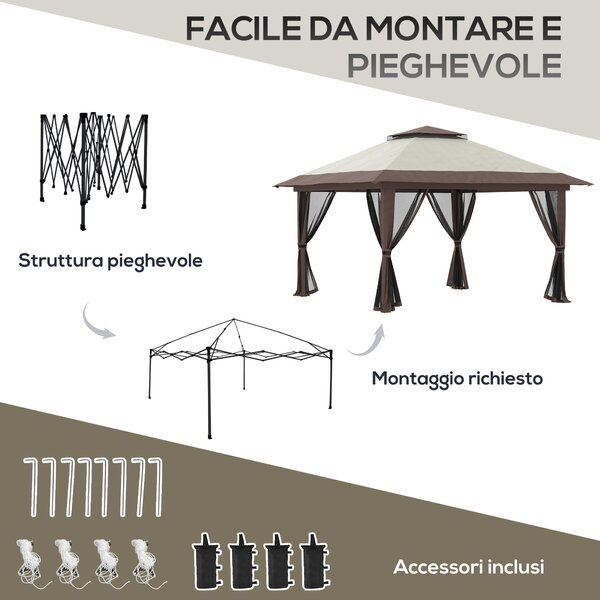 Outsunny Gazebo Pieghevole Pop Up 4x4 m ad Altezza Regolabile a 3 Livelli, Gazebo Esterno con Zanzariera, Sacchi di Sabbia, Borsa da Trasporto, UV50+, per Giardino Campeggio Feste, Beige | Aosom Italy