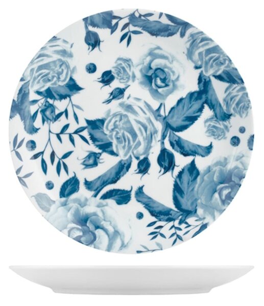 Set 6 piatti piani Rose blu in porcellana bianca decorata cm 27