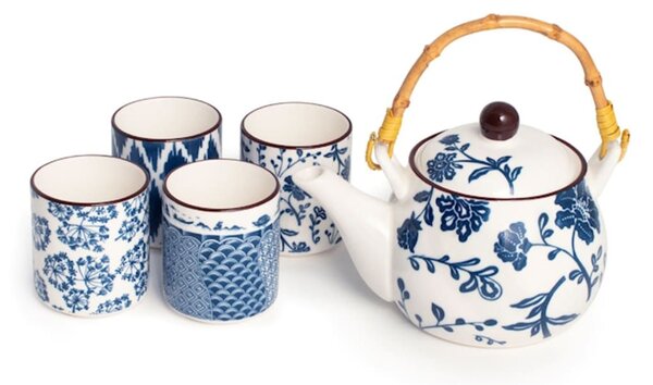 Set tè 5 pezzi Seta in porcellana avorio decorata blu