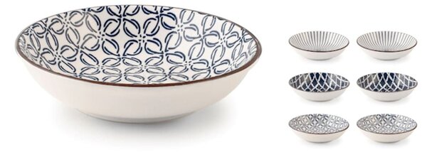Set 6 coppette Seta assortite in porcellana avorio decorata blu cm 14x2,5h