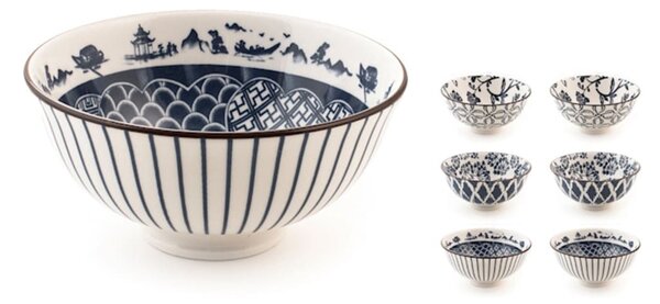 Set 6 coppette Seta assortite in porcellana avorio decorata blu cm 12x6h