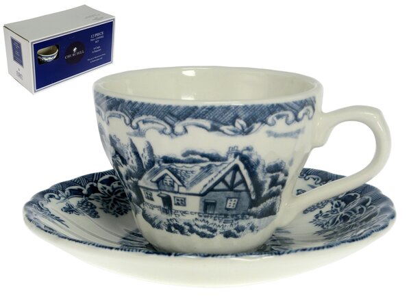 Set 6 tazze caffè con piattino The Brook in earthenware bianco decoro blu cc 90