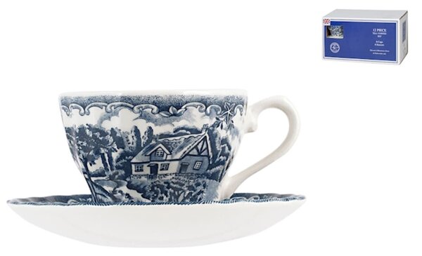 Set 6 tazze tè con piattino The Brook in earthenware bianco decoro blu cc 220