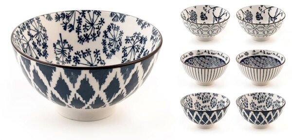 Set 6 coppette Seta assortite in porcellana avorio decorata blu cm 10x6