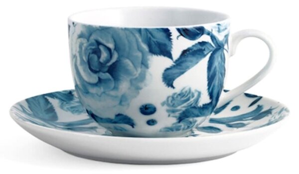 Set 6 tazze tè con piattino Rose Blu in porcellana bianca decorata cc 220