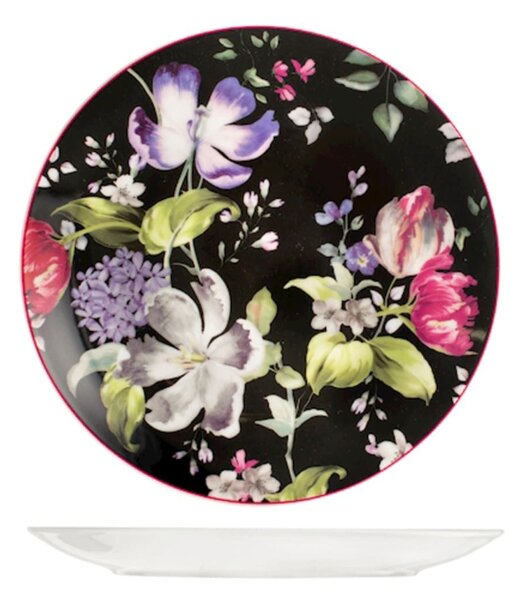 Set 12 piatti piani coupe Bouquet in porcellana nera decorata cm 27