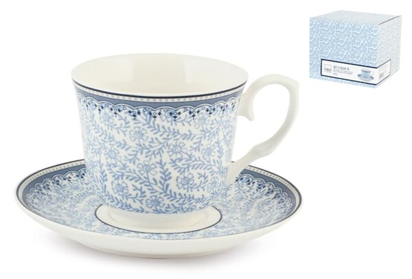 Set 2 tazze tè con piattino Blue Dream in porcellana bianca decorata blu 250 cc
