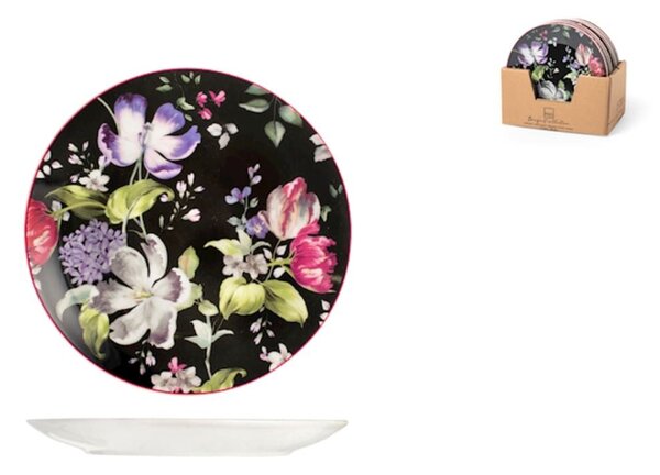 Set 12 piatti frutta coupe Bouquet in porcellana nera decorata cm 20