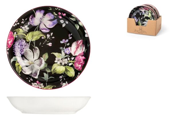 Set 12 piatti fondi coupe Bouquet in porcellana nera decorata cm 21
